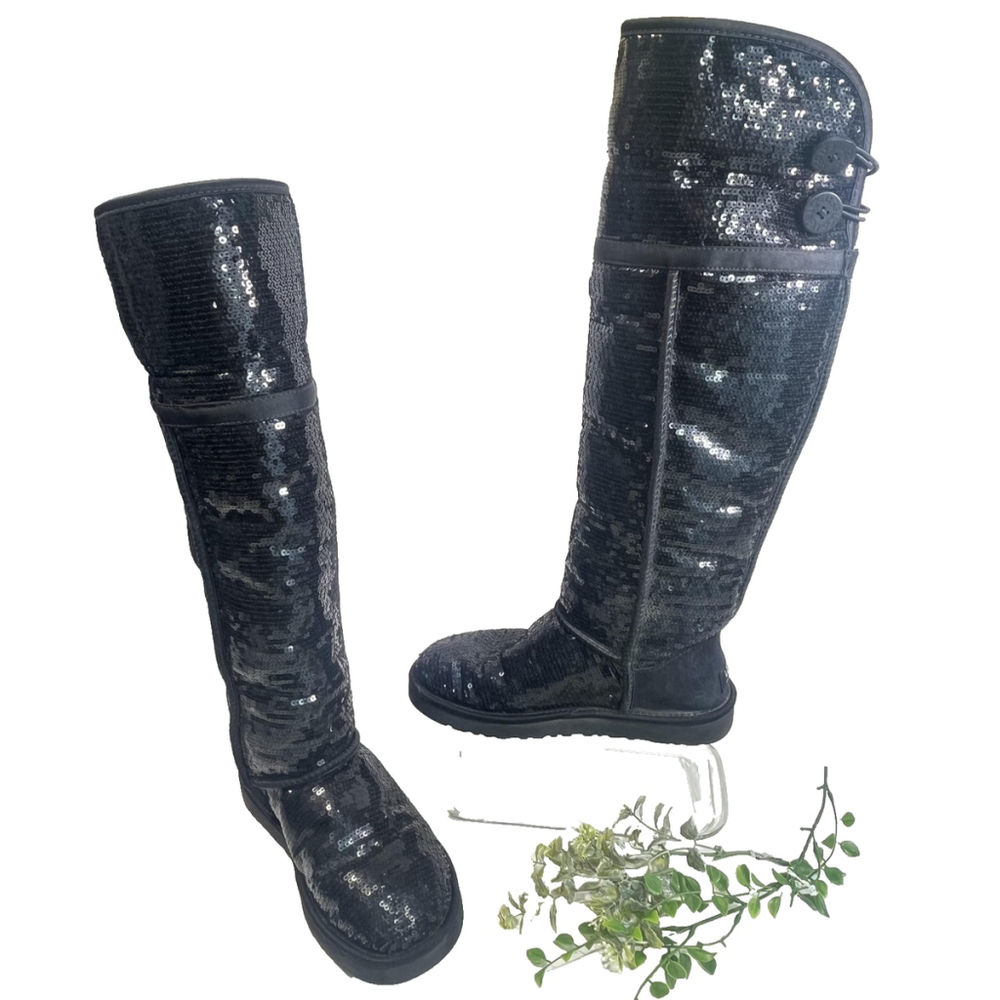 UGG Black Tall Over Knee High Sequin Shearling Button‎ Boots Womens Size 7 Rare - Picture 2 of 16